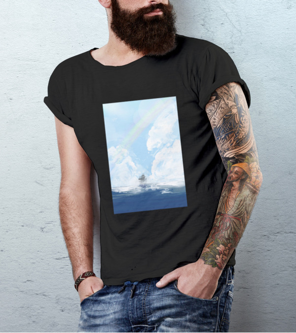 Ocean Broad Surface Scenic Voyage Under Cloudy Skies With Rainbow T-Shirt