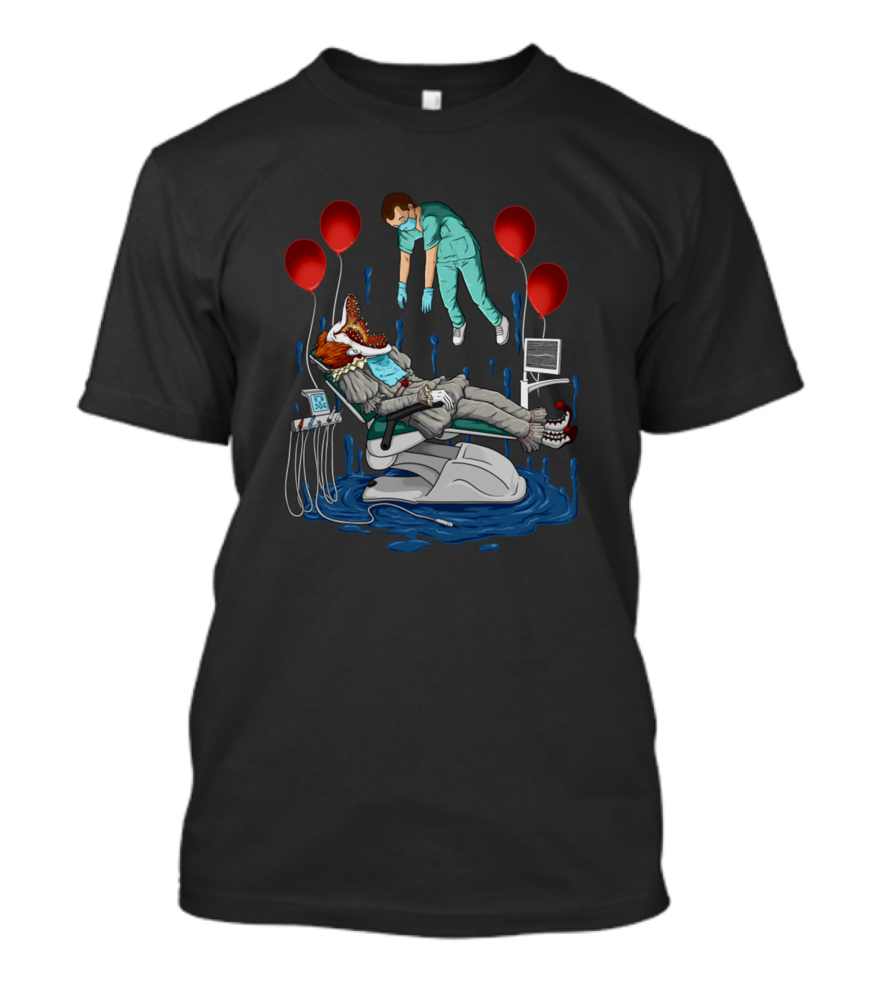 Floating Dentist With Balloons And Mouth-Gaping Creature Dentist Chair Scene T-Shirt