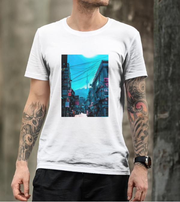 Osaka Urban Street Scene With Tower In Background T-Shirt