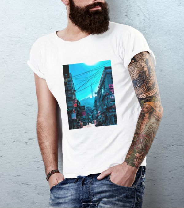 Osaka Urban Street Scene With Tower In Background T-Shirt