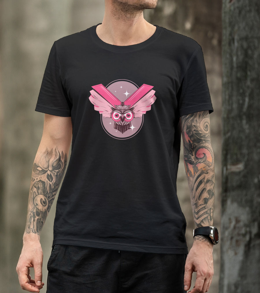 Owl With Pink Glasses And Book Wings In Starry Background T-Shirt