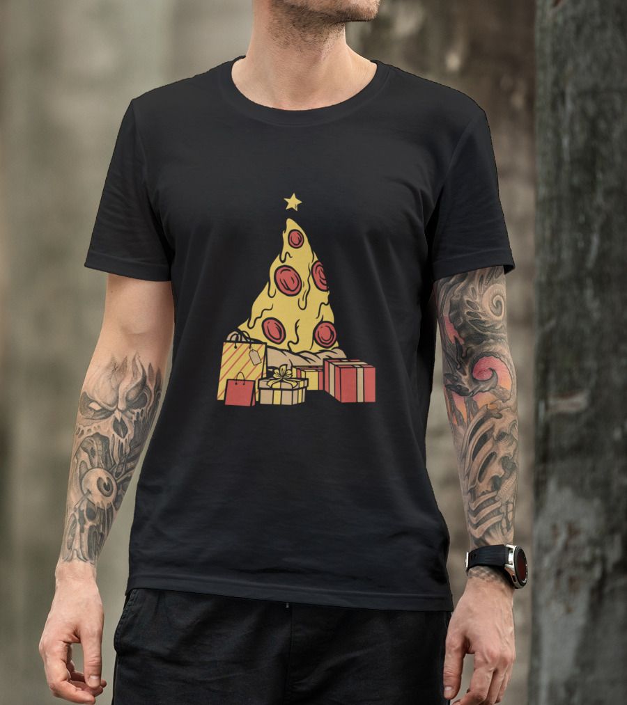Pizza Christmas Tree With Gifts And Star Pepperoni Holiday T-Shirt