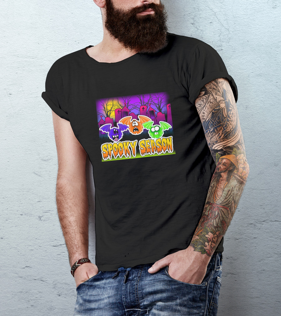 Spooky Season Bats In Haunted Graveyard Scene T-Shirt