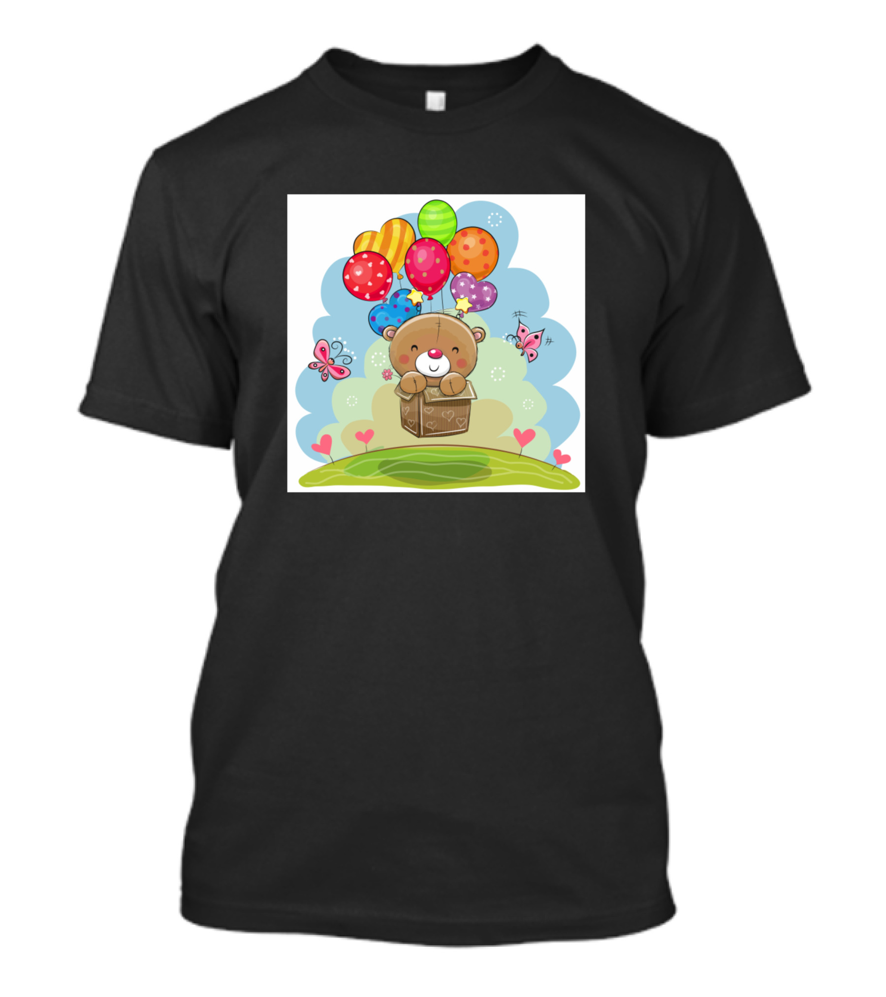 Teddy Bear Floating With Colorful Balloons And Butterflies T-Shirt