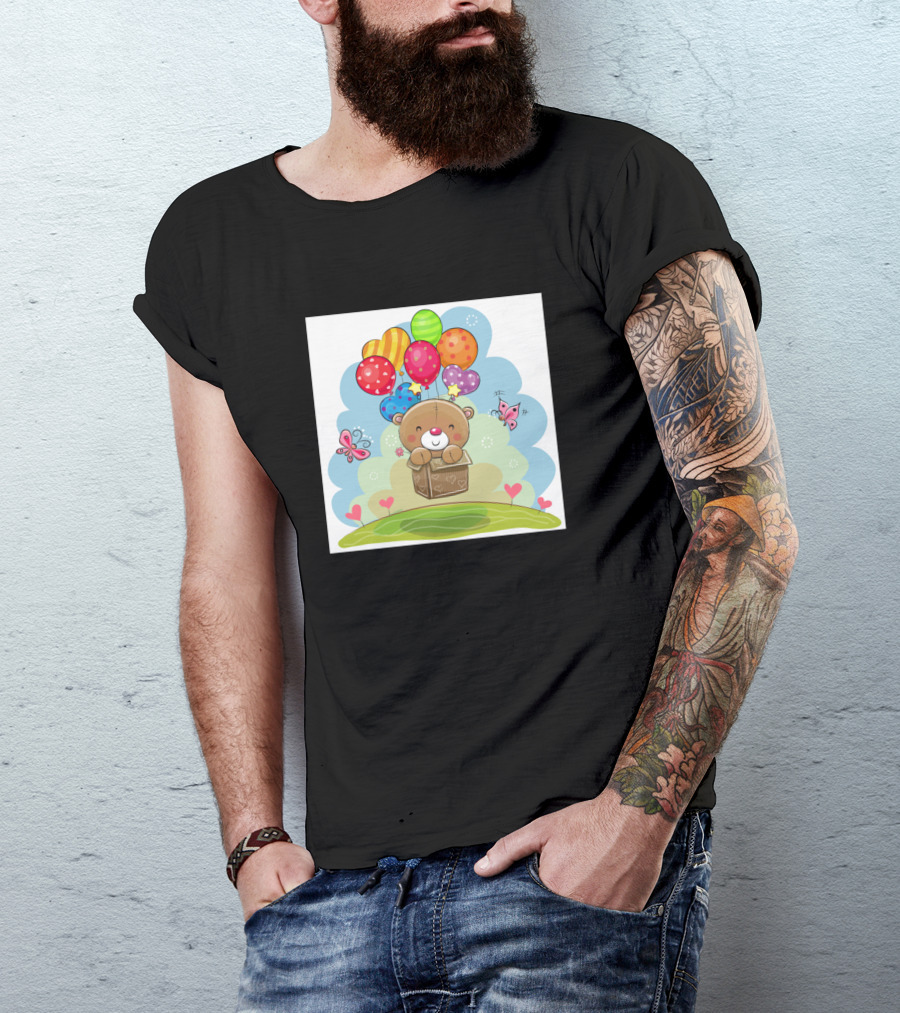 Teddy Bear Floating With Colorful Balloons And Butterflies T-Shirt