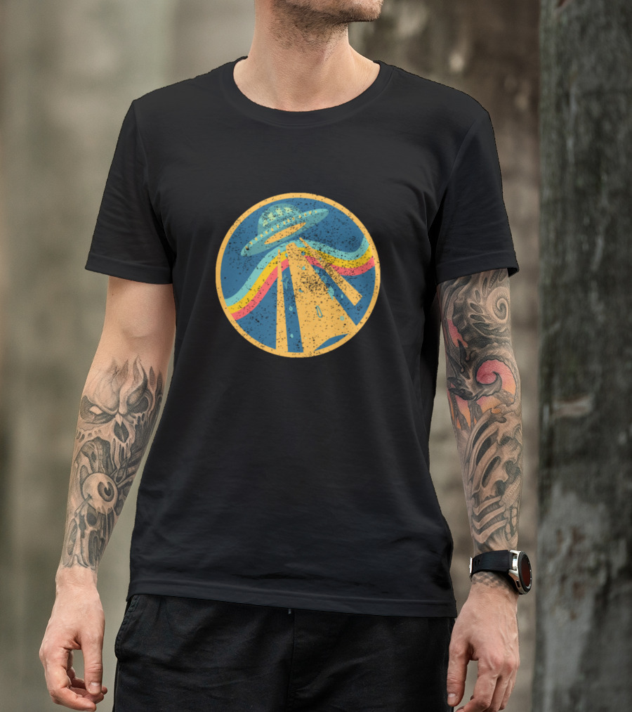 UFO Alien Vintage Birthday Illustration With Rainbow Beams T-Shirt