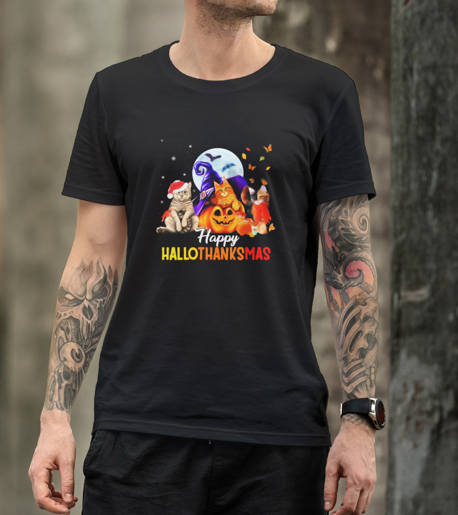 Happy HalloThanksMas Cats Moon Pumpkin Santa Hat Magic Hat T-Shirt