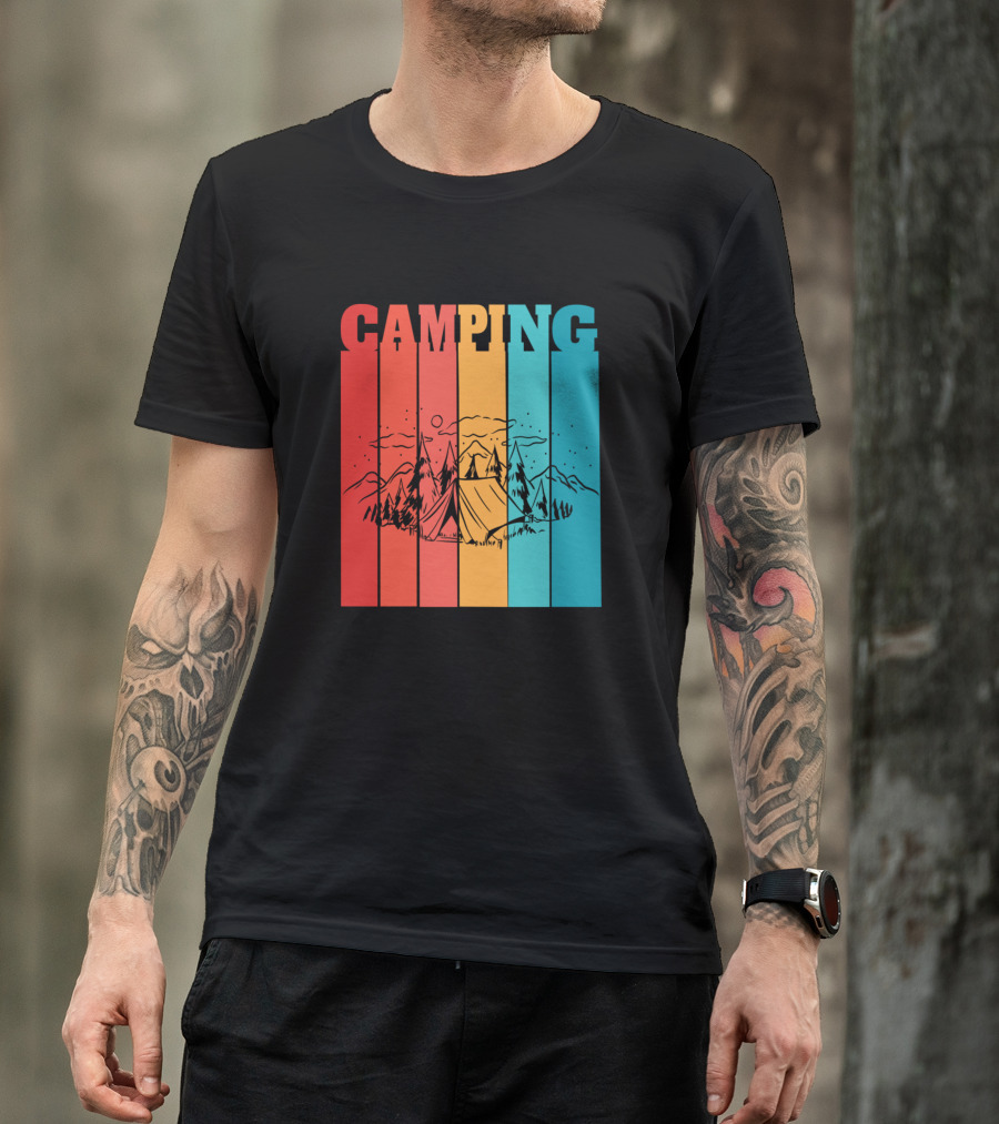 Camping Retro Mountain Tent Scene With Forest Stripes T-Shirt