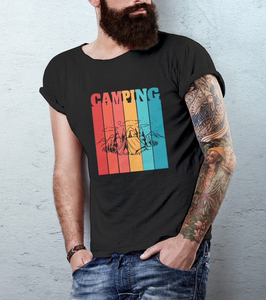 Camping Retro Mountain Tent Scene With Forest Stripes T-Shirt