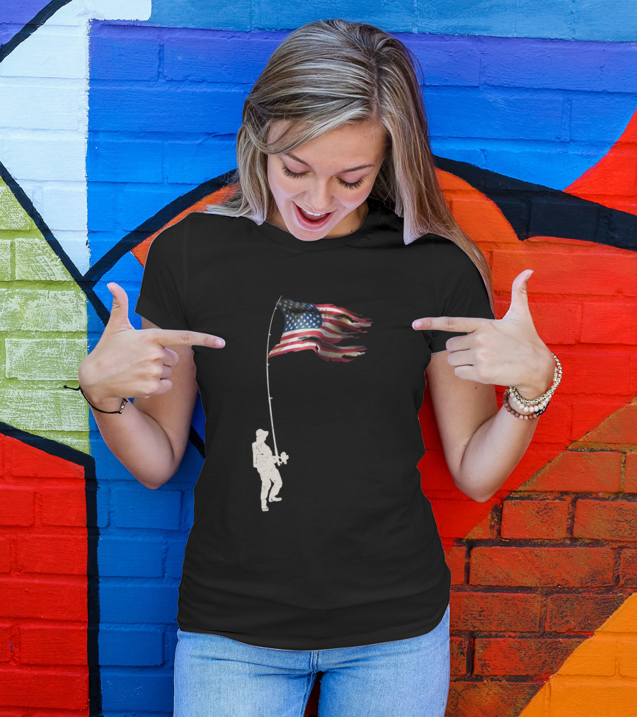 Vintage Fishing Rod American Flag Humor Fisherman's Pride T-Shirt