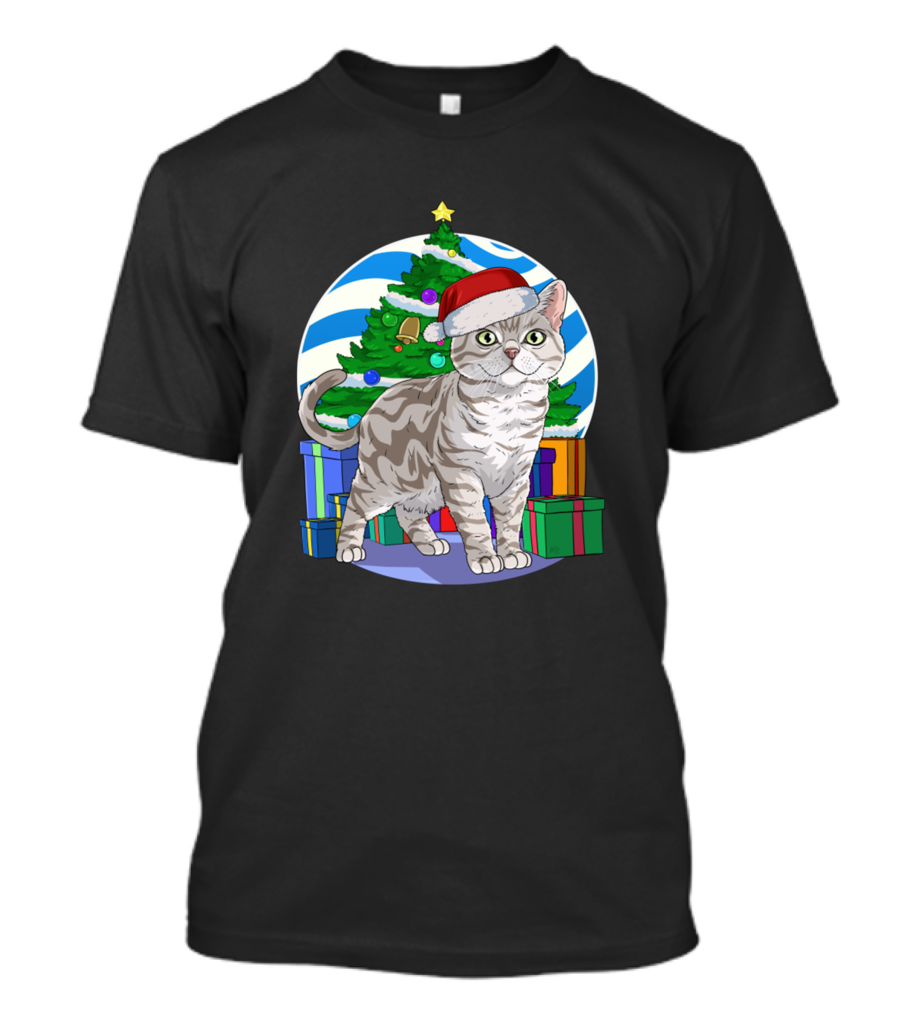 American Shorthair Cat In Santa Hat With Christmas Tree And Gifts T-Shirt