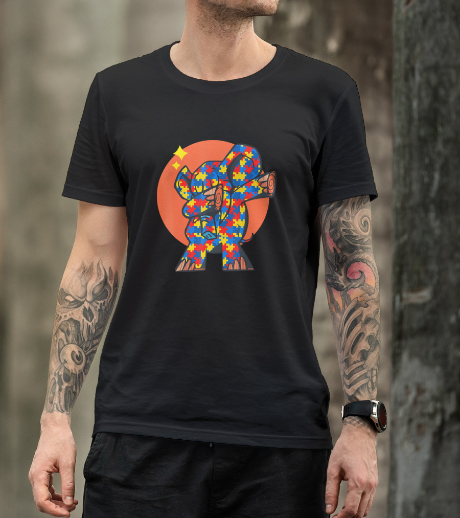 Autism Dabbing Elephant With Puzzle Pieces And Orange Circle Background T-Shirt