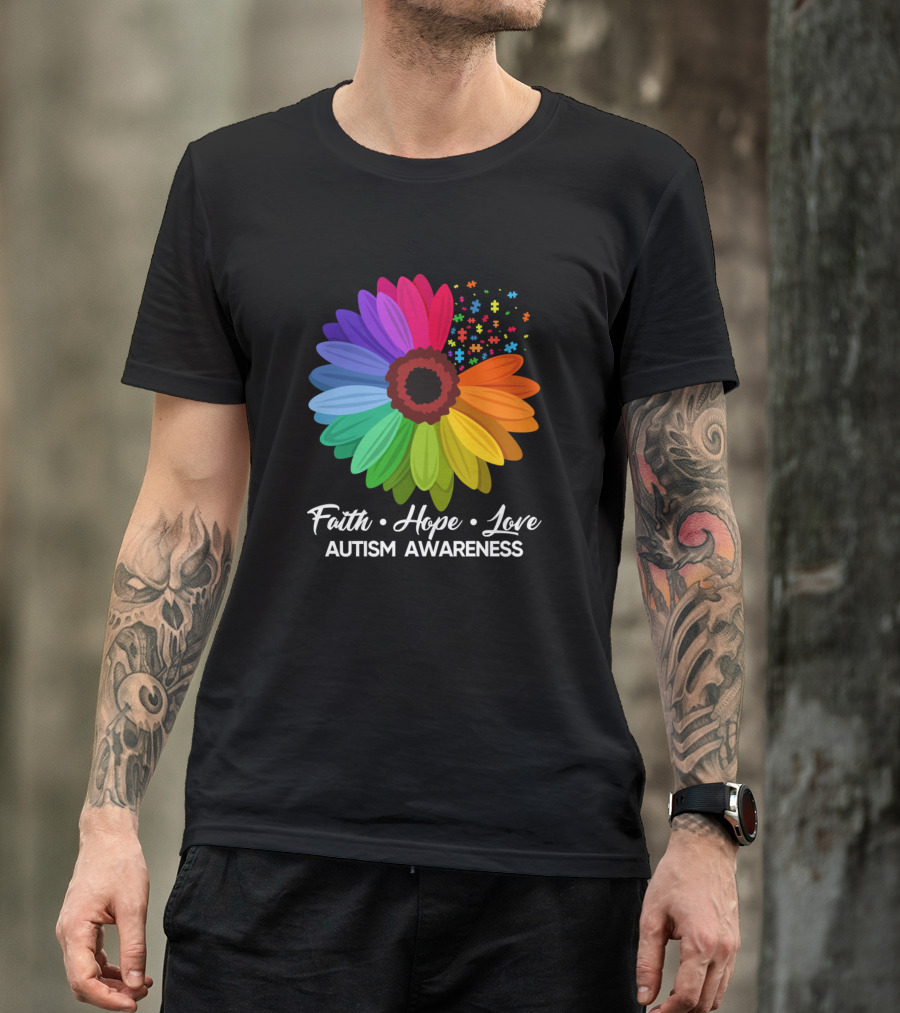 Faith Hope Love Autism Awareness Sunflower Puzzle Pieces T-Shirt