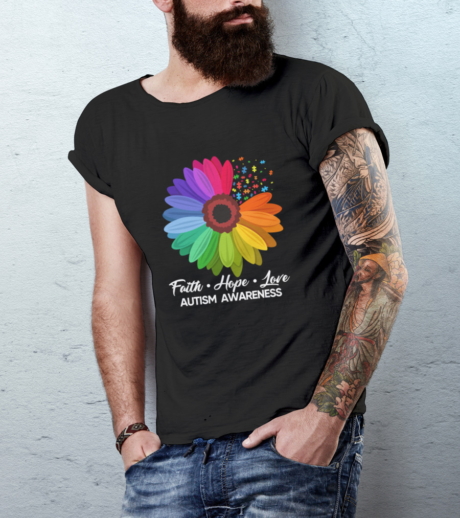 Faith Hope Love Autism Awareness Sunflower Puzzle Pieces T-Shirt