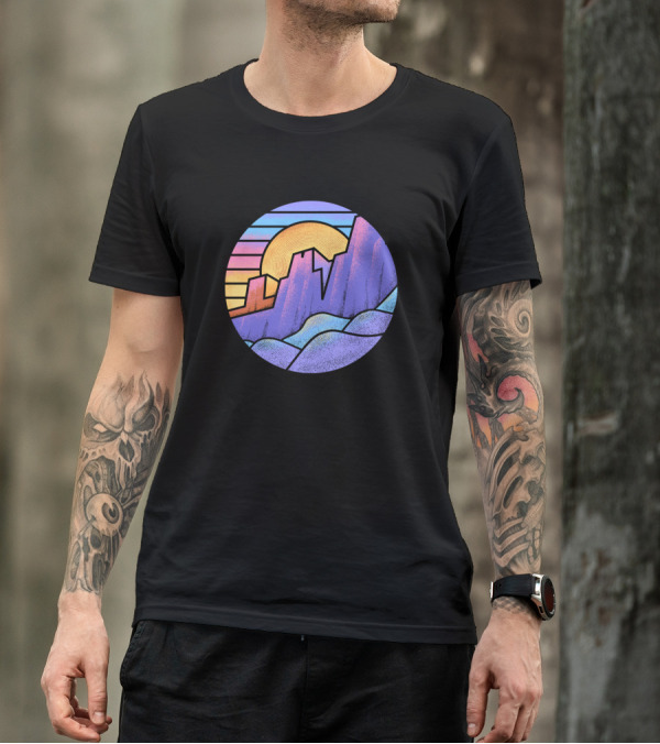Blocky Mountains Vibrant Geometric Sunrise Horizon T-Shirt