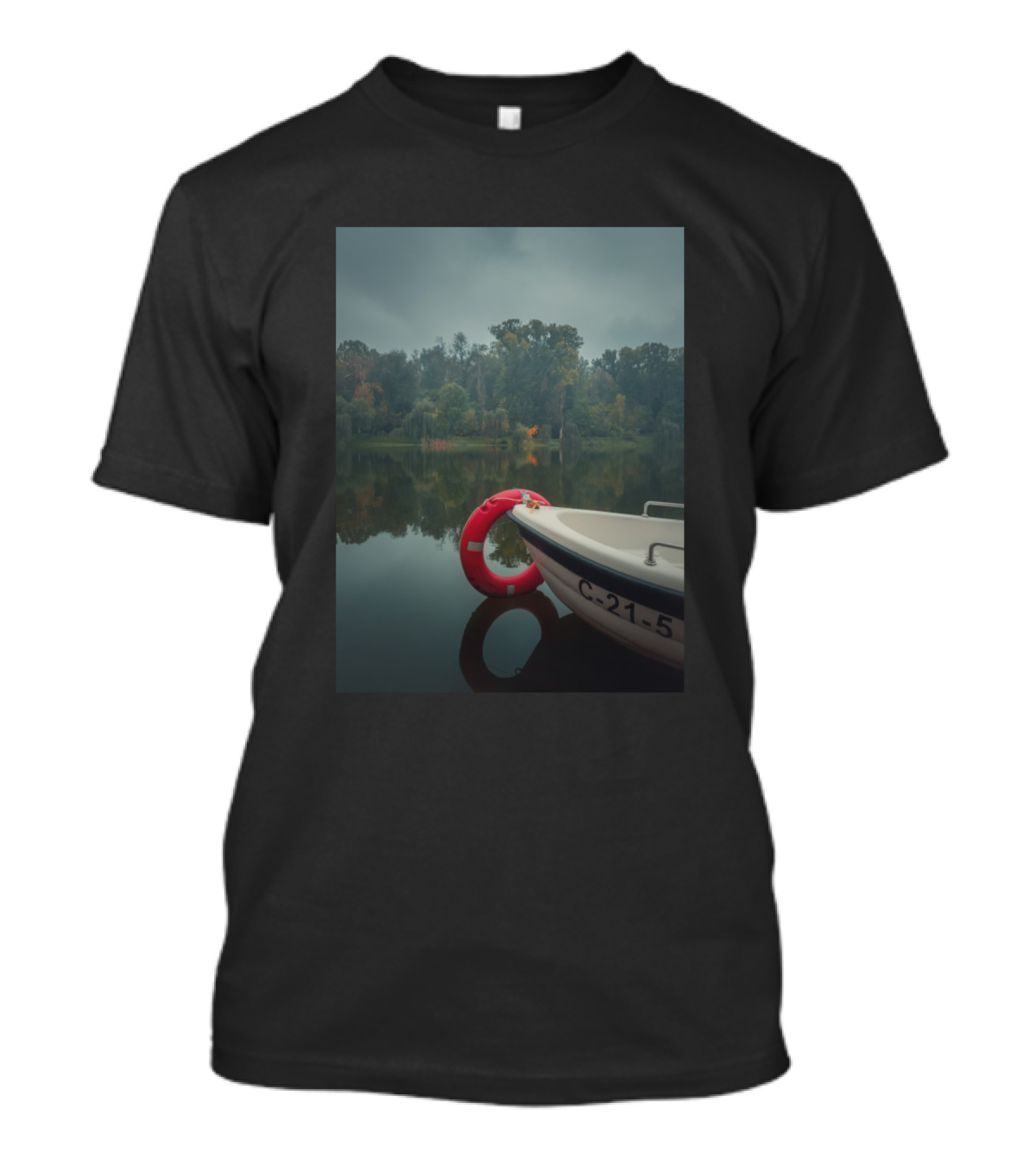 Boat Moored On Misty Lake With Forest View T-Shirt