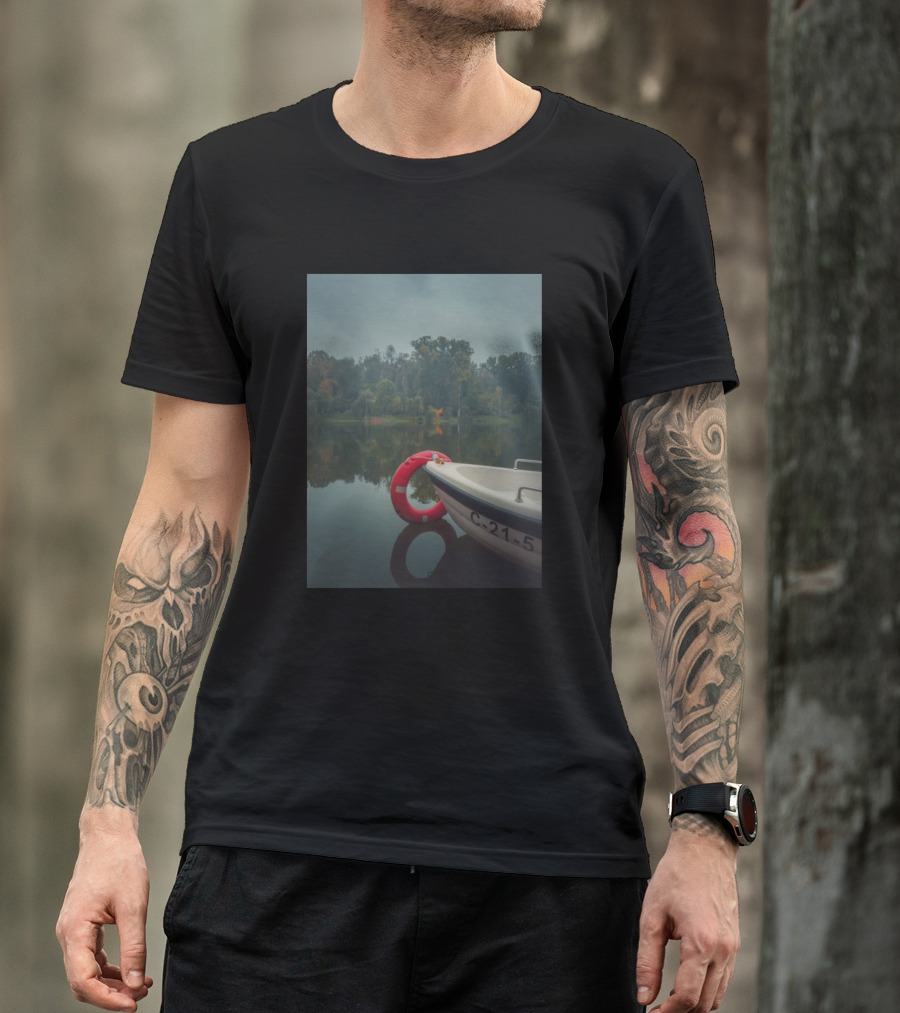 Boat Moored On Misty Lake With Forest View T-Shirt
