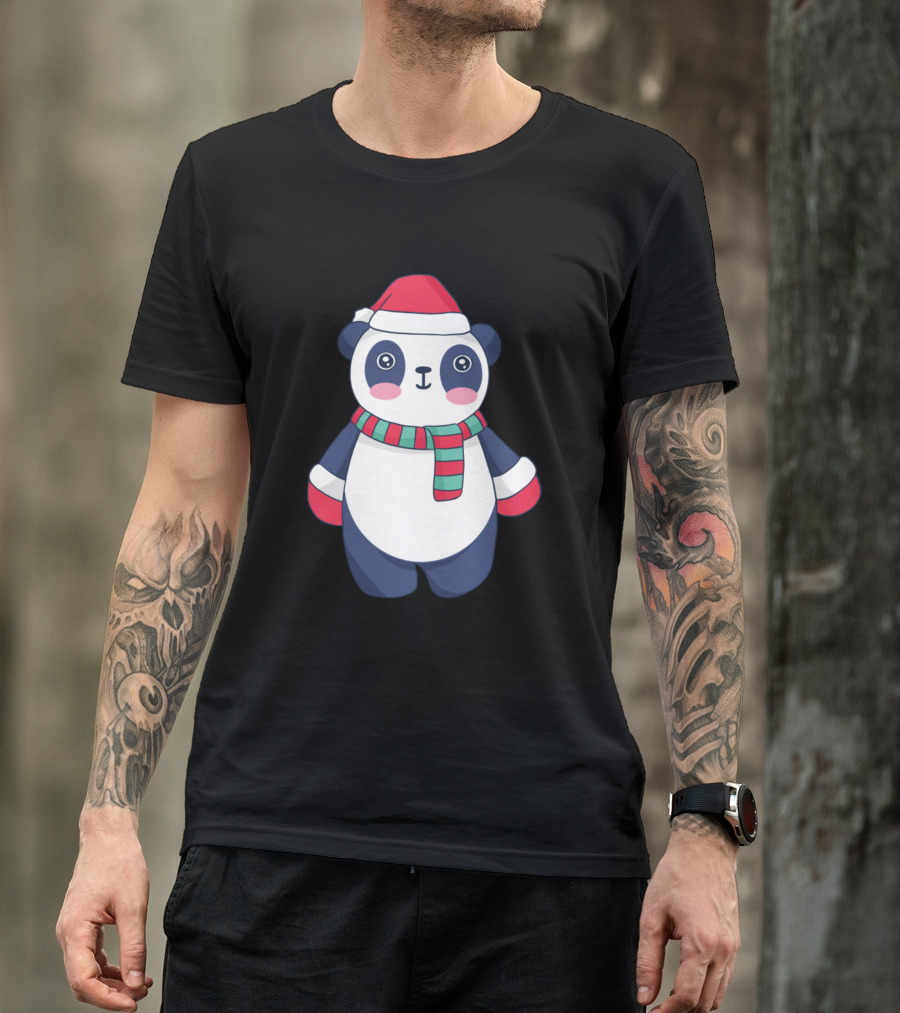 Christmas Panda With Santa Hat And Striped Scarf T-Shirt