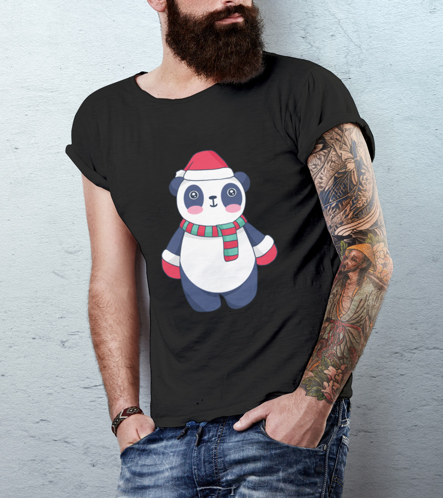 Christmas Panda With Santa Hat And Striped Scarf T-Shirt