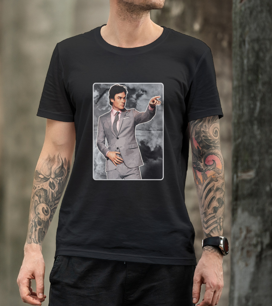 Damon Salvatore The Vampire Diaries Gray Suit Charcoal Background T-Shirt