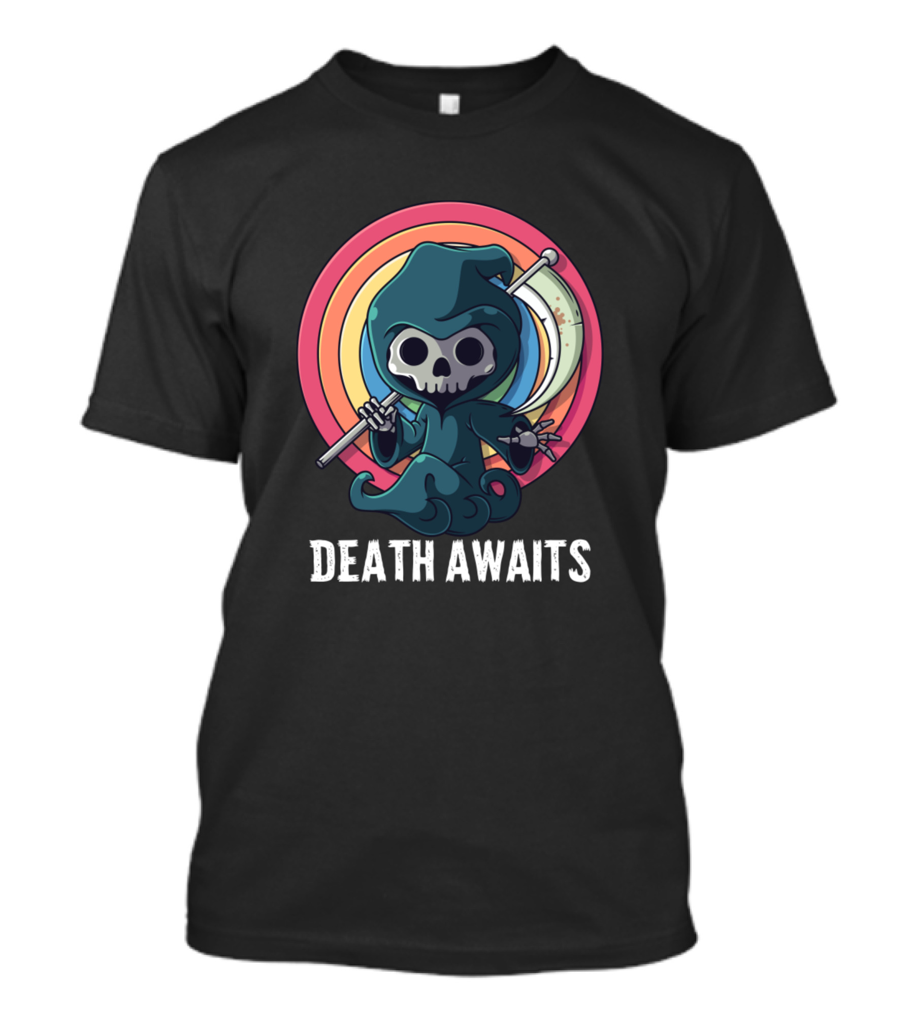 Death Awaits Grim Reaper With Scythe And Rainbow Background T-Shirt