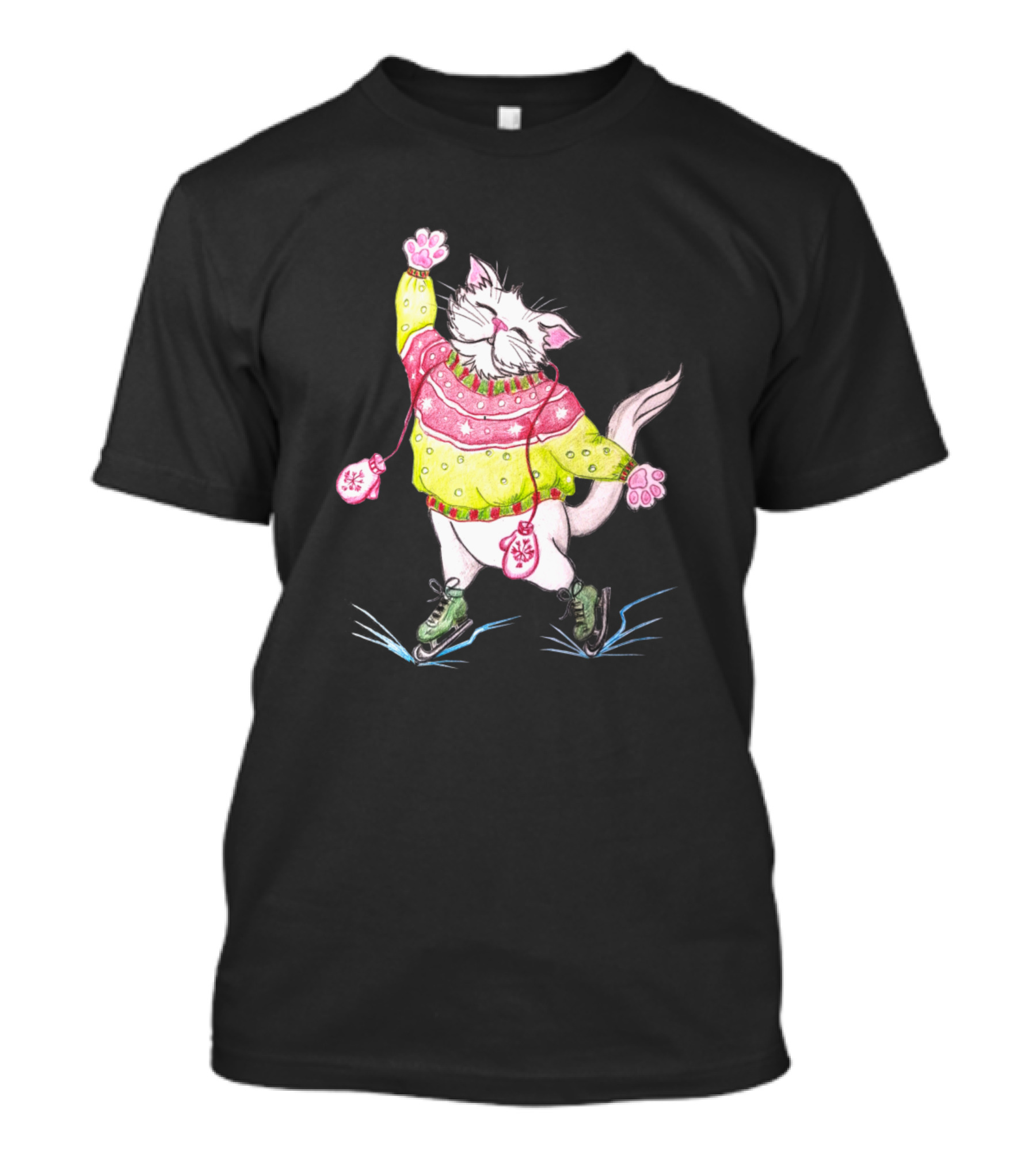Cat In Colorful Sweater Ice Skating Joyfully T-Shirt