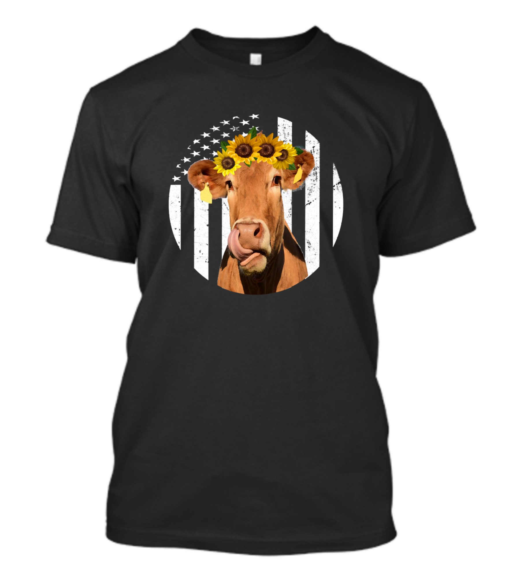 Cow Black American Flag Sunflower Flower T-Shirt