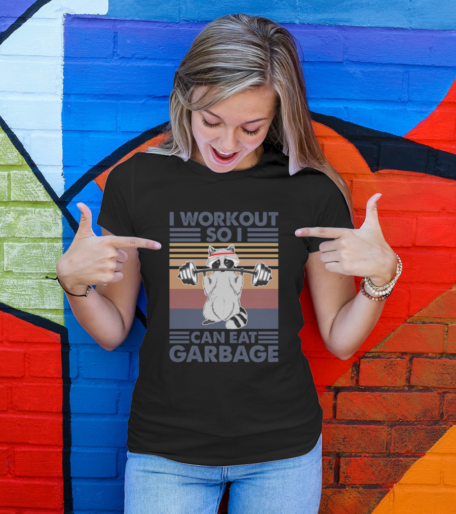 I Workout So I Can Eat Garbage Raccoon Lifting Weights Retro Stripes T-Shirt