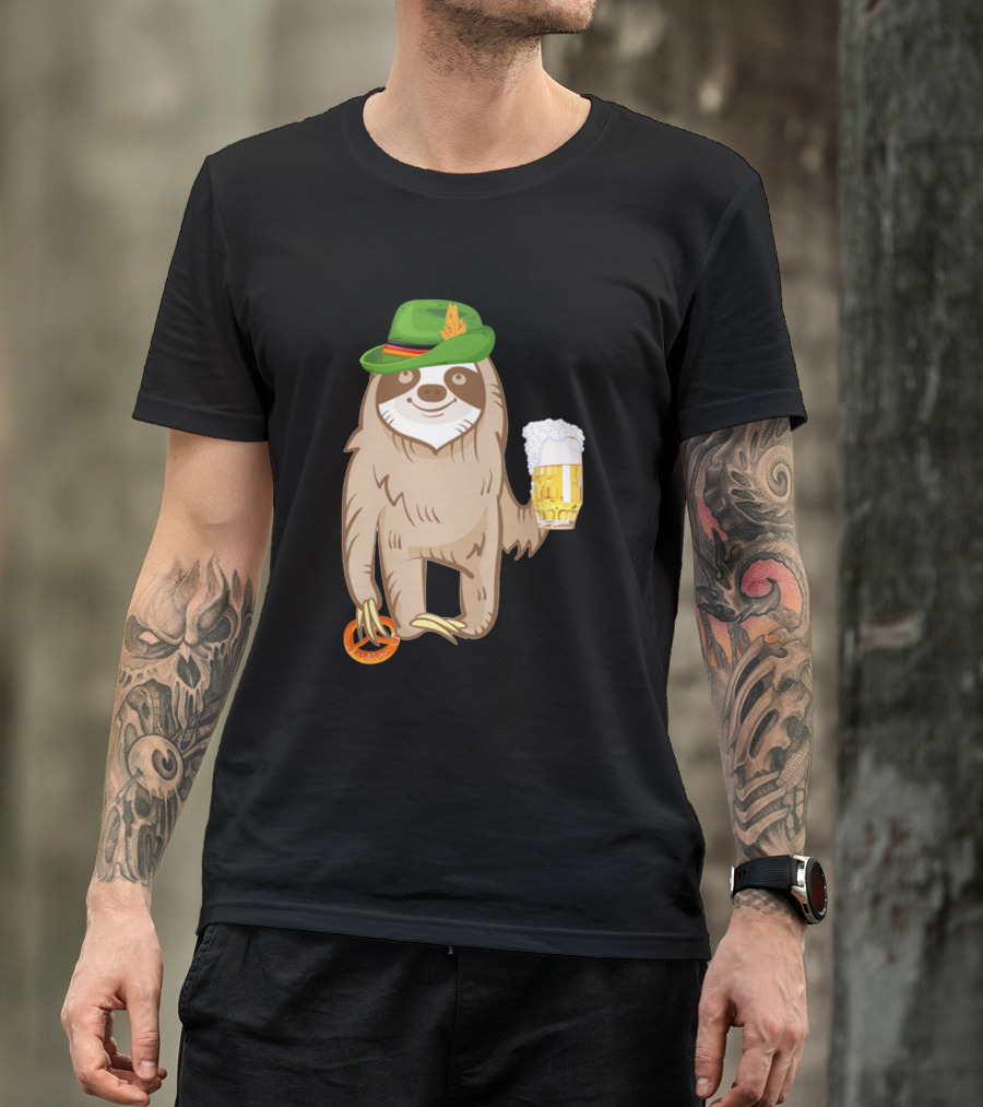 Sloth Oktoberfest German Hat Lazy Animal Costume With Beer And Pretzel T-Shirt