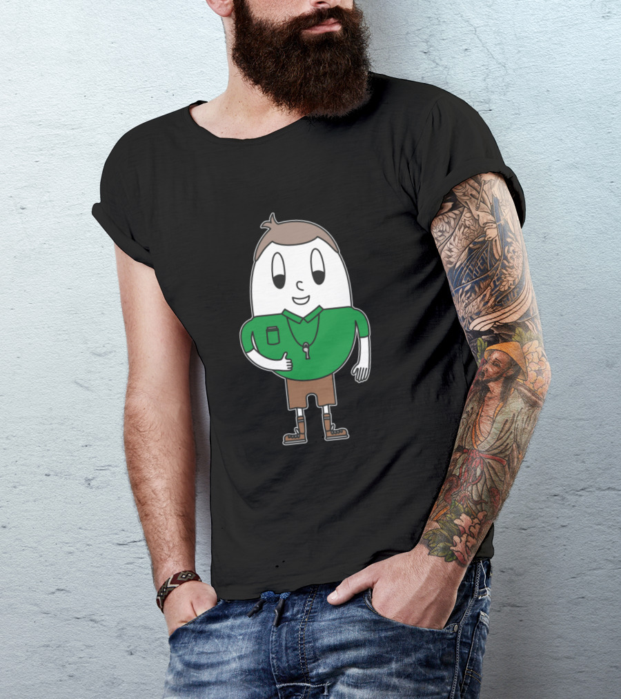 Soccer Referee Egg Cartoon Character In Green Shirt With Whistle T-Shirt