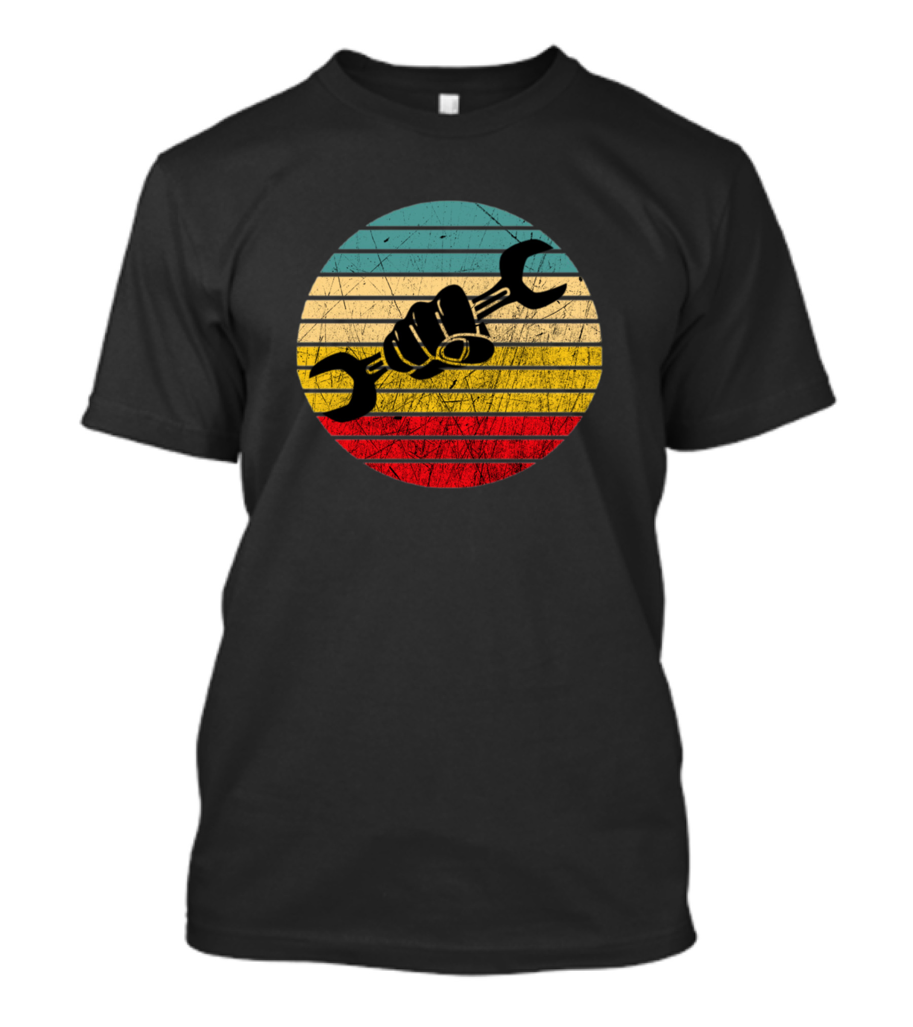 Vintage Mechanics Circle Fist Holding Wrench Retro Stripes T-Shirt