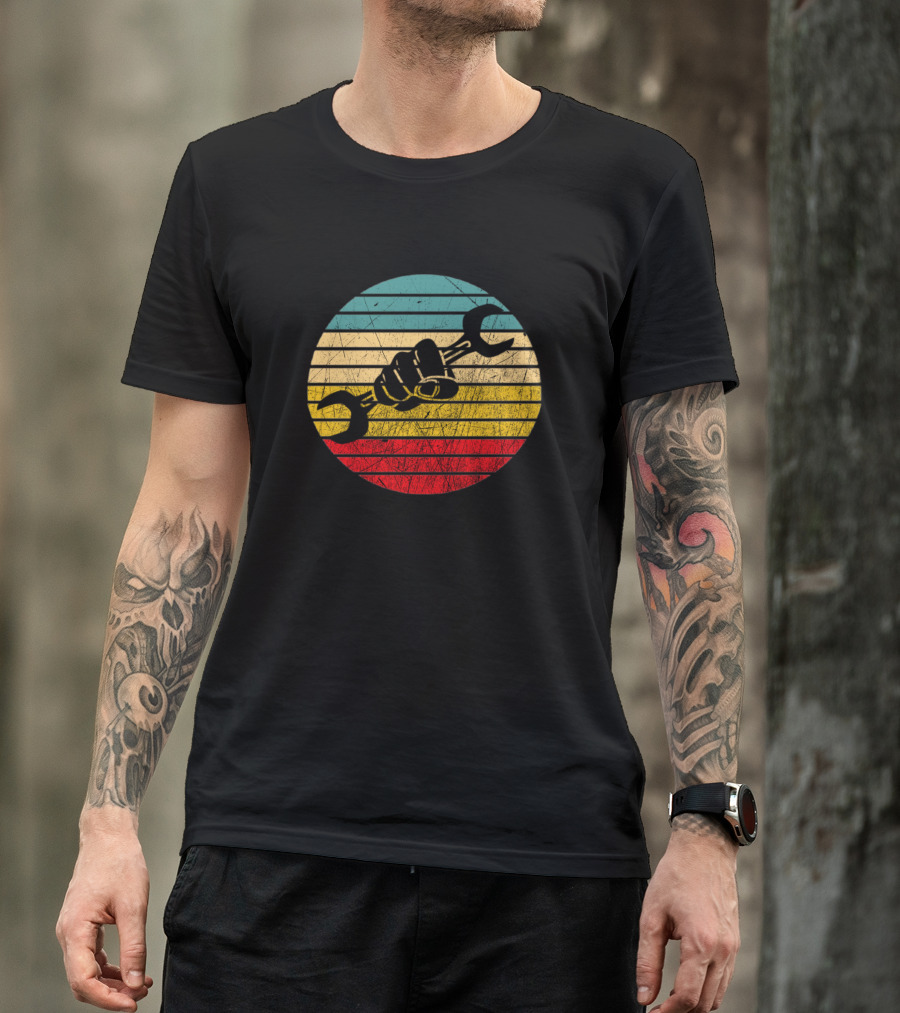 Vintage Mechanics Circle Fist Holding Wrench Retro Stripes T-Shirt