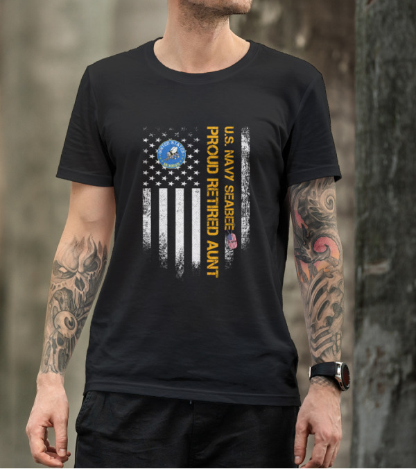 United States Seabee U.S. Navy Proud Retired Aunt Vintage American Flag T-Shirt