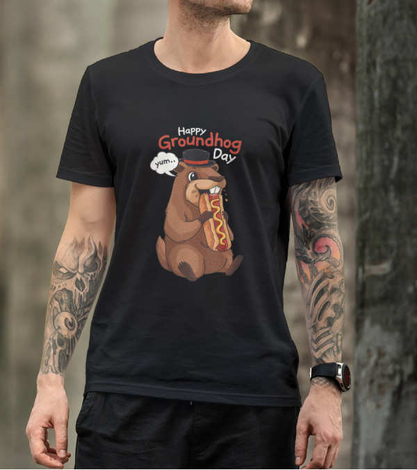 Happy Groundhog Day Yum Groundhog Eating Hotdog T-Shirt
