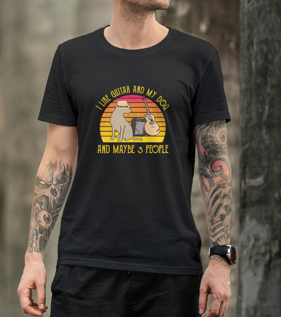 I Like Guitar And My Dog And Maybe 3 People Retro-Style Sunset Dog With Hat And Guitar T-Shirt