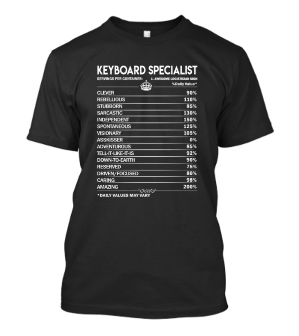 KEYBOARD SPECIALIST LOGISTICIAN CLEVER REBELLIOUS STUBBORN SARCASTIC INDEPENDENT SPONTANEOUS VISIONARY ADVENTUROUS DOWN-TO-EARTH RESERVED DRIVEN FOCUSED CARING AMAZING T-Shirt