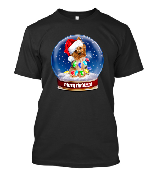 Merry Christmas Snow Globe Yorkshire Terrier With Santa Hat And Colorful Festive Lights T-Shirt