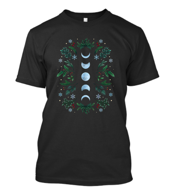 Moonlight Phases Surrounded By Festive Greenery And Snowflakes T-Shirt