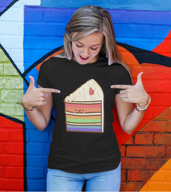 Rainbow Cake Doodle Cute Kawaii Slice With Face And Heart On Icing T-Shirt