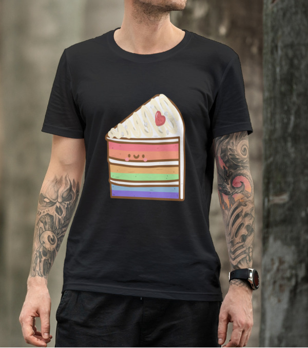 Rainbow Cake Doodle Cute Kawaii Slice With Face And Heart On Icing T-Shirt