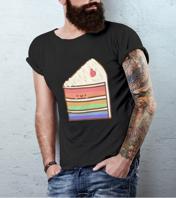 Rainbow Cake Doodle Cute Kawaii Slice With Face And Heart On Icing T-Shirt