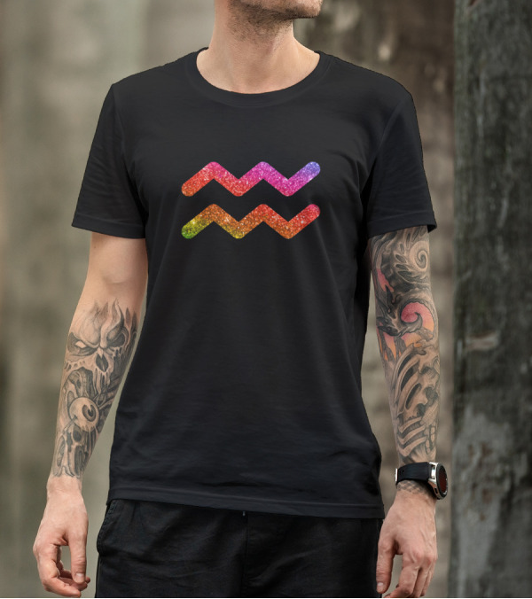 Rainbow Glitter Aquarius Zodiac Symbol T-Shirt