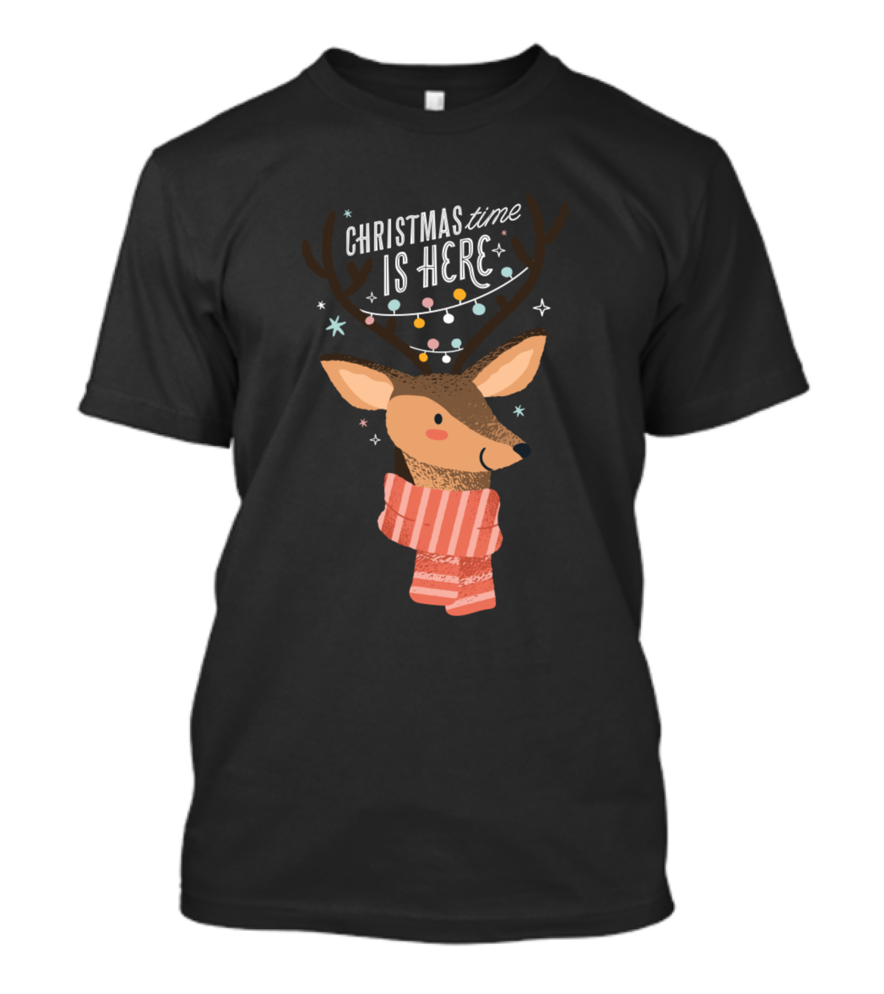 Christmas Time Is Here Reindeer With Festive Lights And Scarf T-Shirt