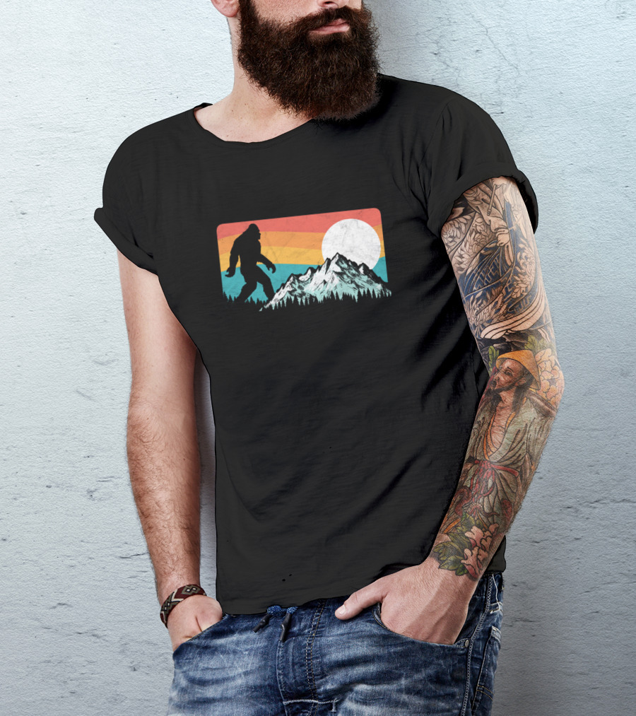 Bigfoot Retro Sunset Over Rocky Mountains T-Shirt