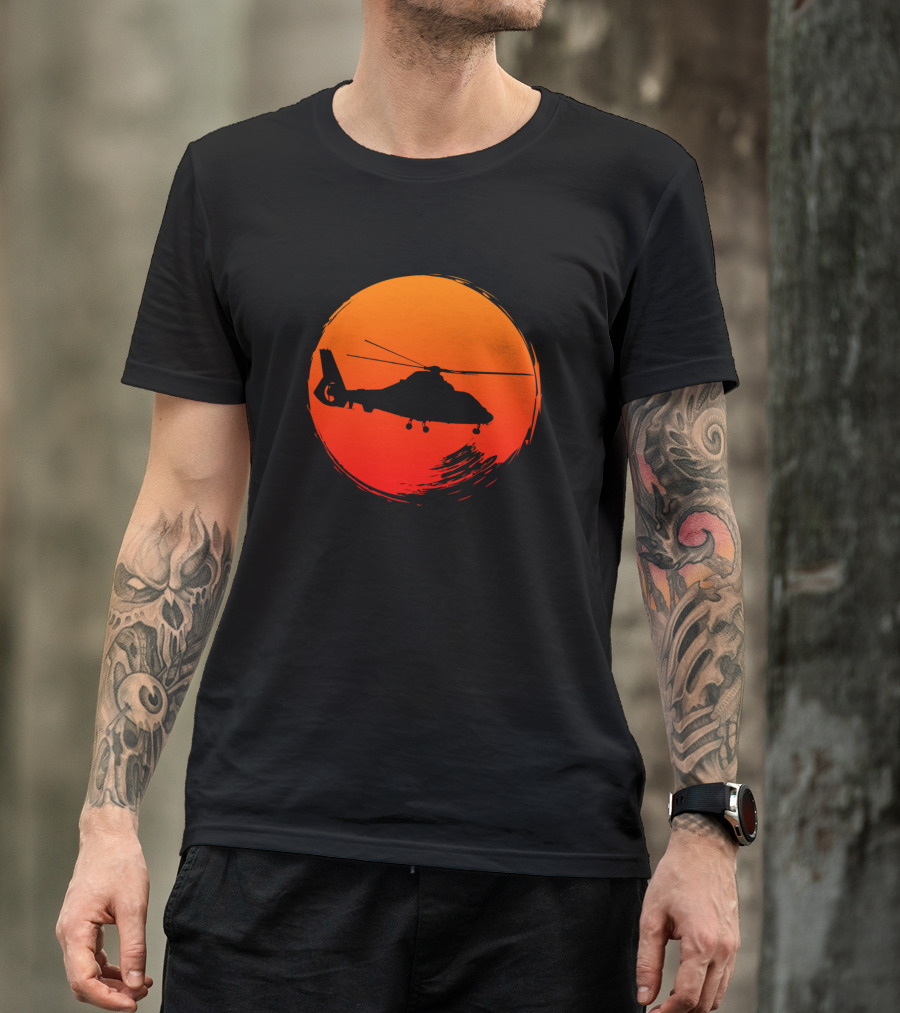 Vintage Army Attack Helicopter Silhouette Against Sunset T-Shirt
