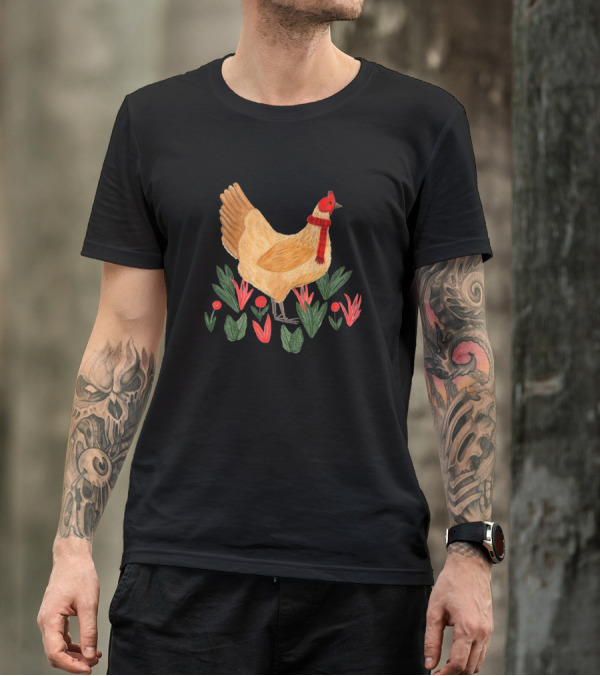 Winter Chicken With Red Scarf And Festive Foliage T-Shirt