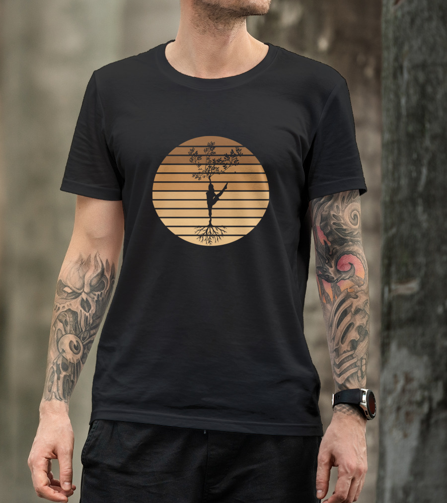 Yog Rooted Tree Silhouette With Branches And Roots Against Striped Sun Background T-Shirt