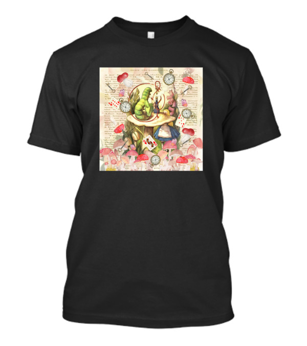 Alice And The Caterpillar Collage On Vintage Text With Mushrooms And Playing Cards T-Shirt