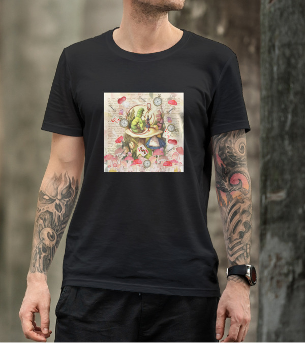 Alice And The Caterpillar Collage On Vintage Text With Mushrooms And Playing Cards T-Shirt