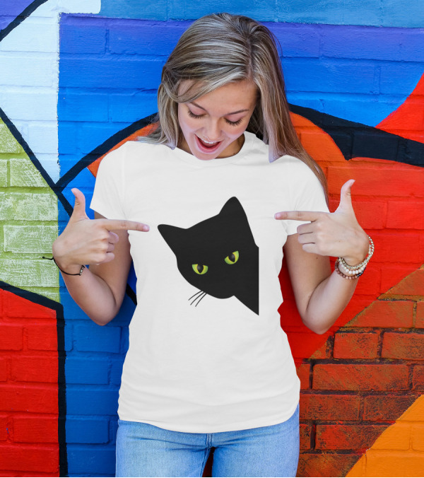 Annoyed Black Cat Peering With Green Eyes Behind Corner T-Shirt
